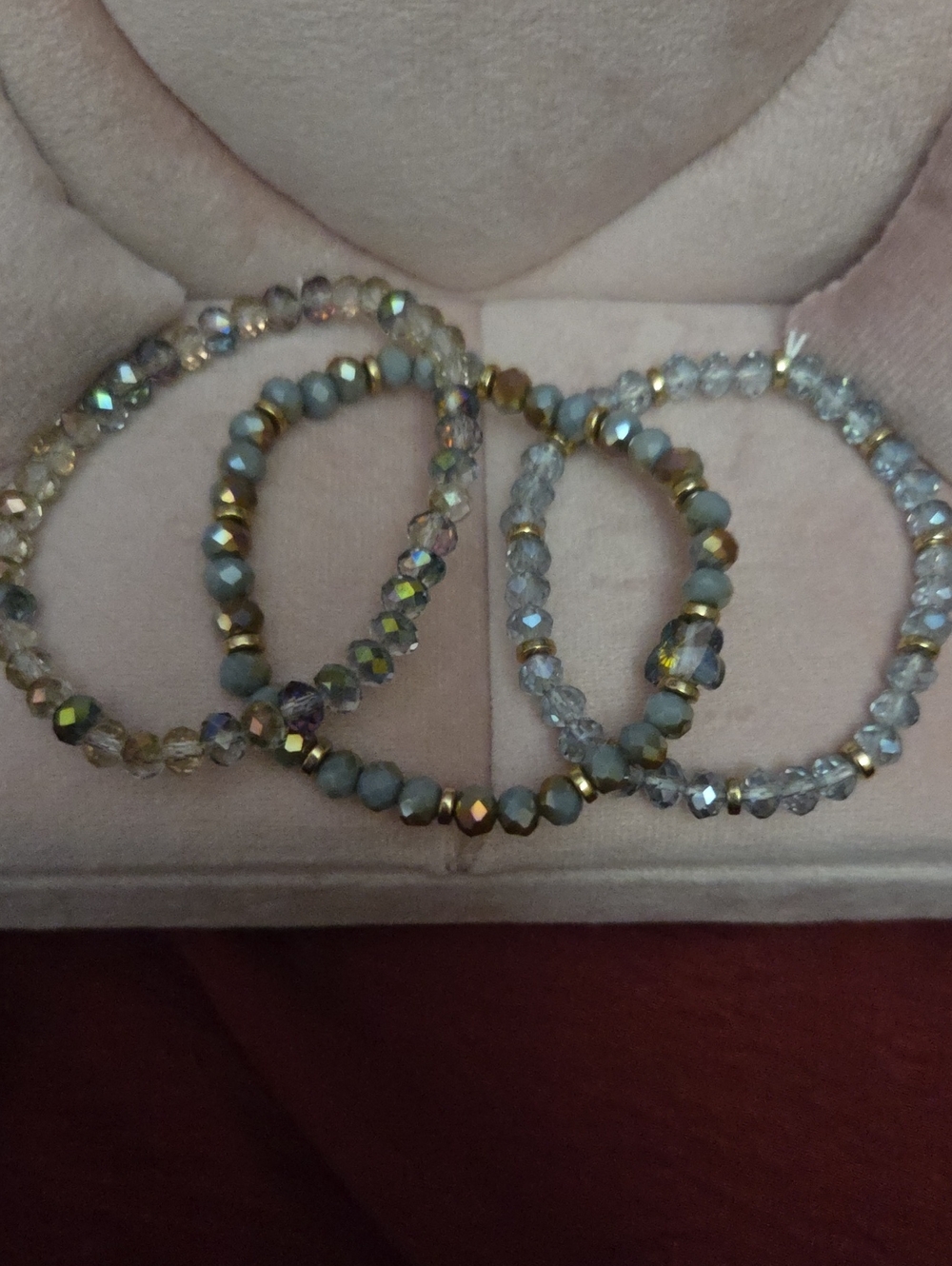 Bracelet Set Of 3 Faceted Bead Stretch - Olive Green and Clear NWOT